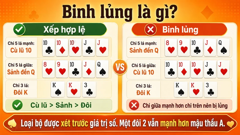 Ví dụ xếp bài hợp lệ và binh lủng trong Mậu Binh