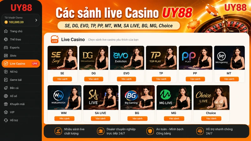 Danh sách các sảnh live Casino UY88 đang hiển thị trên menu