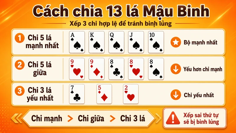 Cách chia 13 lá thành ba chi hợp lệ trong Mậu Binh