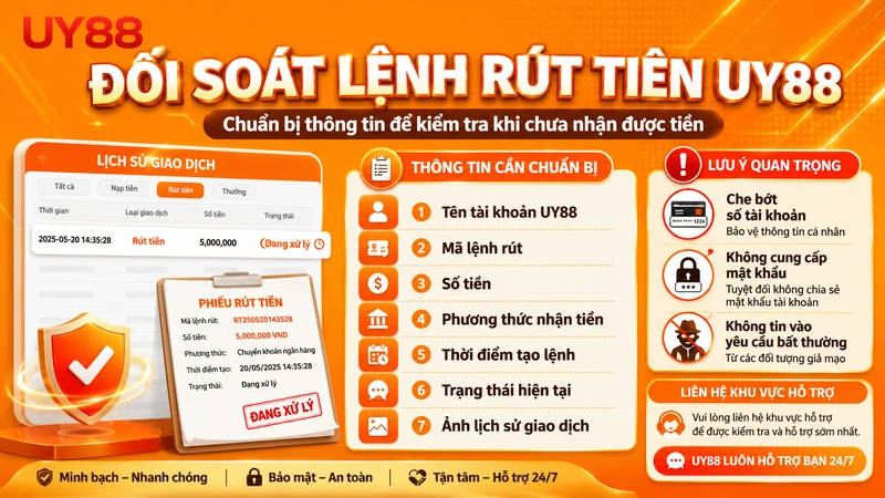 Cách đối soát lệnh rút tiền UY88 chưa nhận được