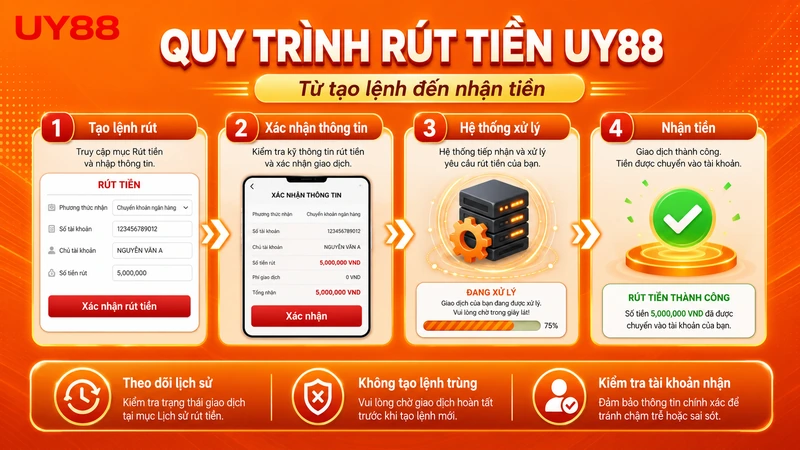 Quy trình rút tiền UY88 từ tạo lệnh đến nhận tiền