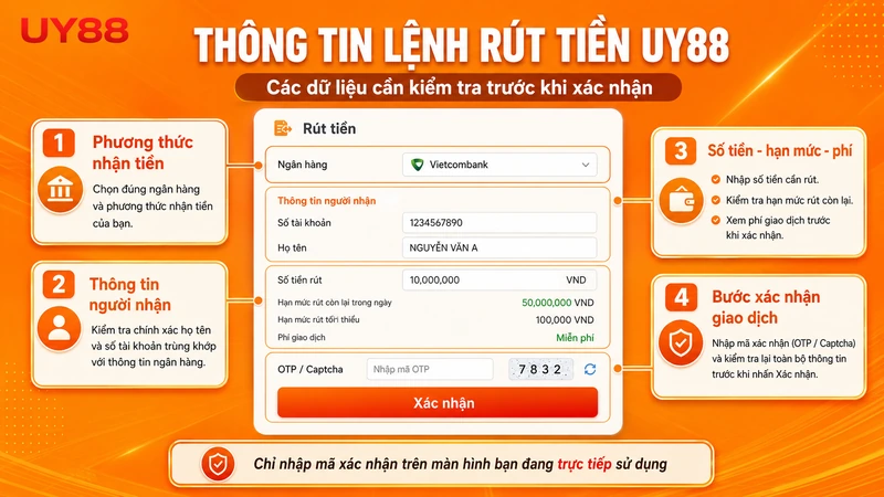 Các thông tin cần kiểm tra khi rút tiền UY88