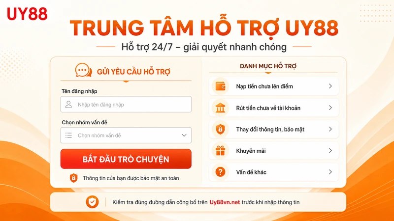 Giao diện trung tâm hỗ trợ khách hàng UY88