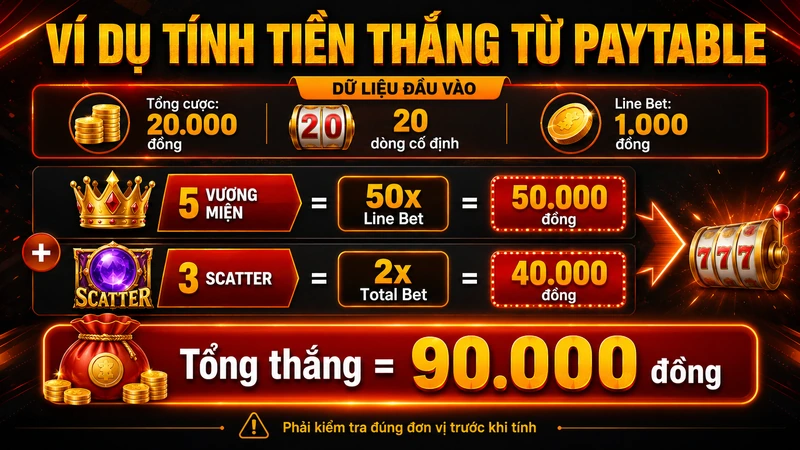 Ví dụ cách tính tiền thắng từ bảng trả thưởng game nổ hũ