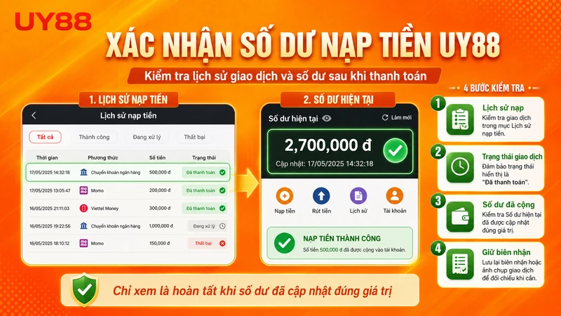 Cách kiểm tra số dư sau khi nạp tiền UY88